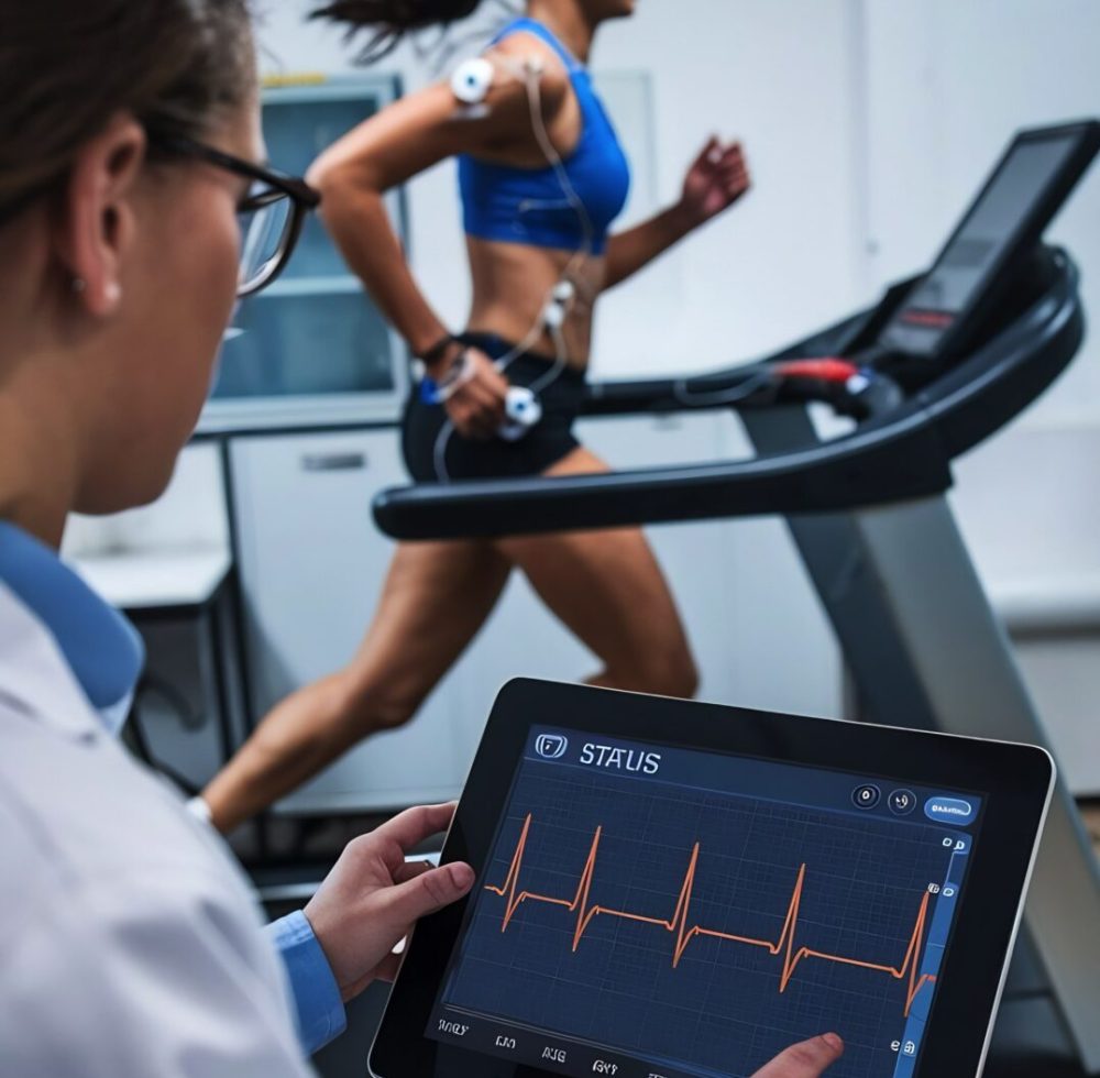 sport-scientist-supervises-touches-display-showing-ekg-status-while-background-woman-athlete